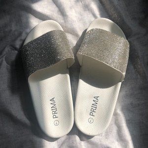 PRIMA White and Silver Slide on Shoes